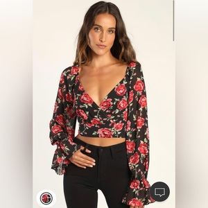 Lulus Long Sleeve Black Floral Crop Top